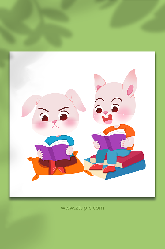 卡通认真读书校园兔子学习人物插画-众图网
