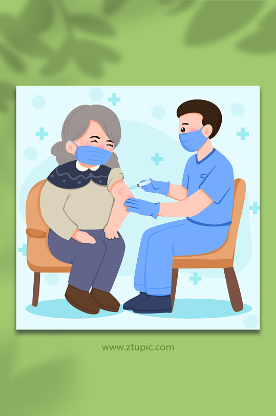 手绘老年人接种新冠疫苗人物插画-众图网