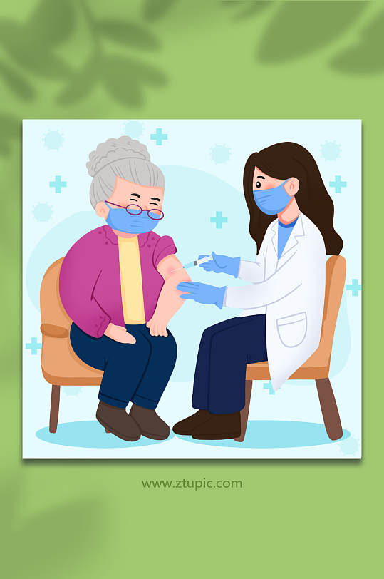 卡通老年人接种新冠疫苗人物插画-众图网