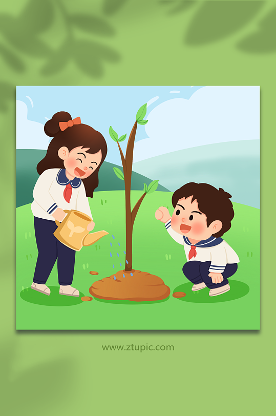 卡通手绘快快长大植树节人物插画-众图网