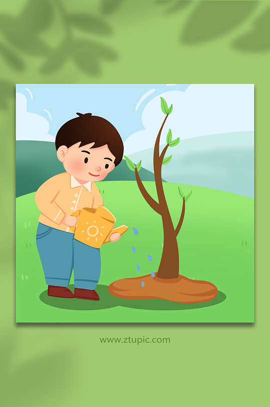 卡通可爱男孩植树节人物插画