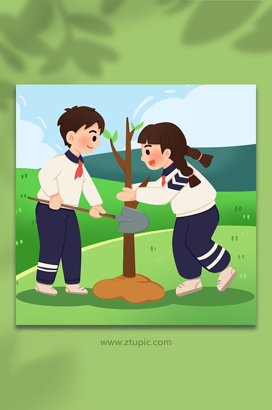 卡通手绘合力植树节人物插画-众图网
