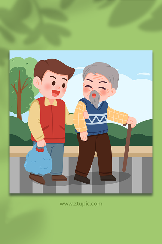 卡通手绘扶过马路学雷锋人物插画