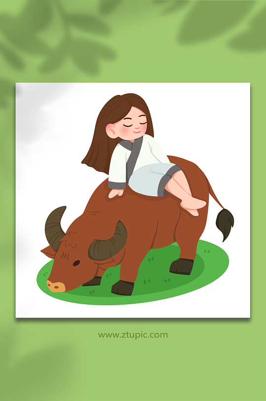 女娃和牛清明节人物元素插画