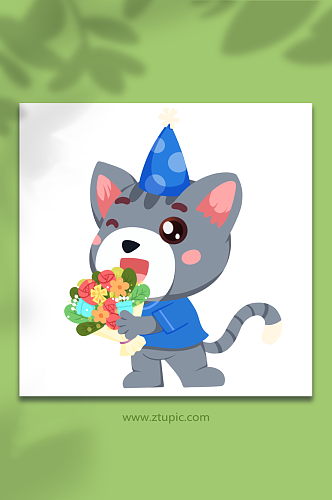 灰猫卡通生日派对动物形象插画元素