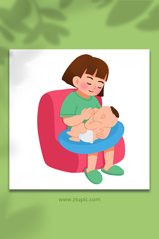短发妈妈手绘母乳喂养元素插画