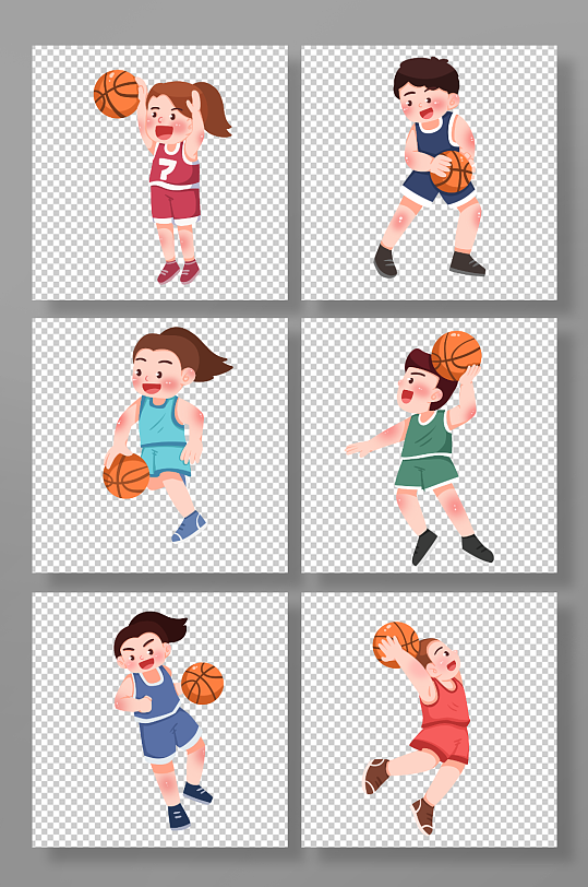 手绘打篮球运动人物元素插画