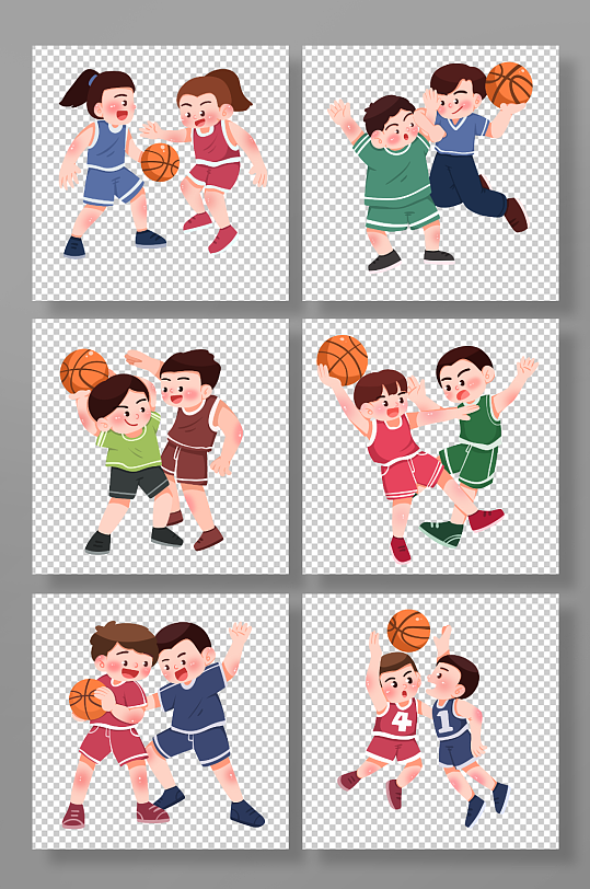 手绘双人打篮球运动人物元素插画