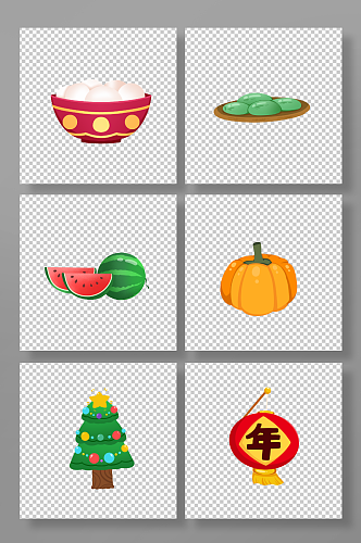 卡通汤圆青团西瓜南瓜圣诞树灯笼元素