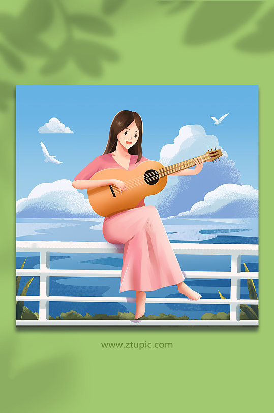 海边音乐弹吉他女孩唱歌弹奏声乐人物插画