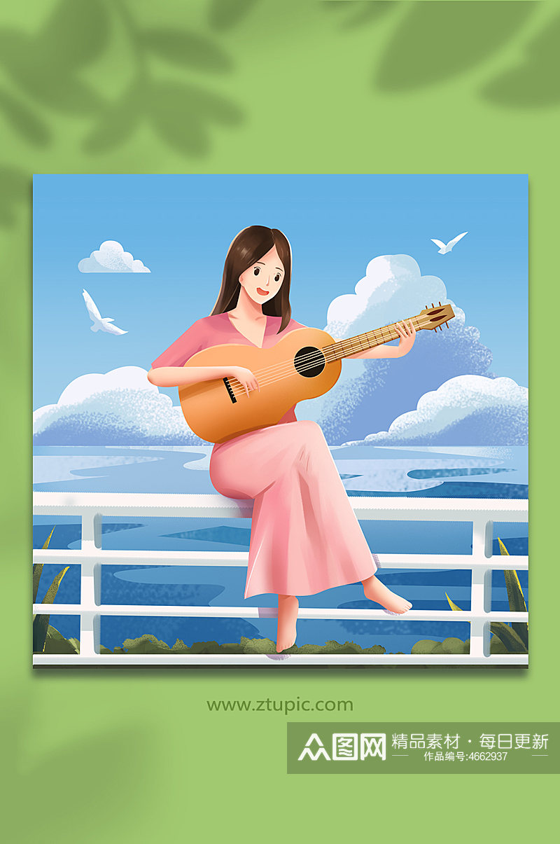 海边音乐弹吉他女孩唱歌弹奏声乐人物插画素材