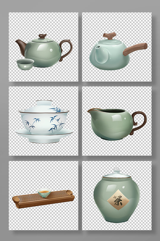 中式饮茶茶道茶具物品PNG元素插画-众图网