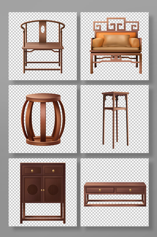 中式古典木质家具物品元素插画