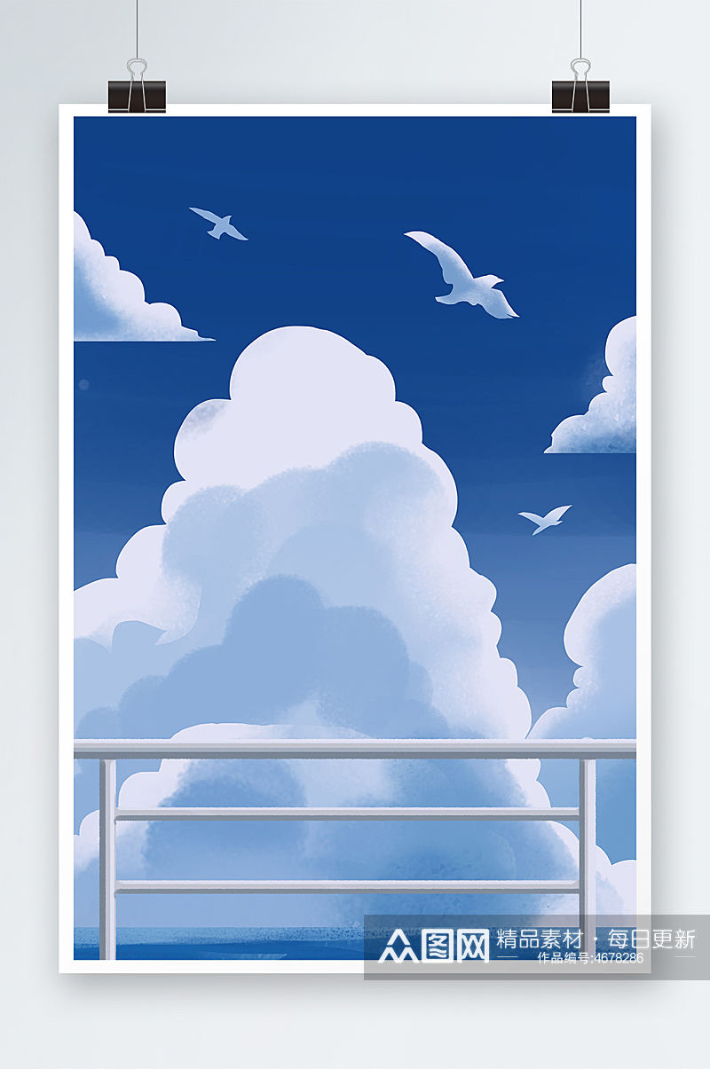 夏日海边蓝天白云海鸥背景插画素材