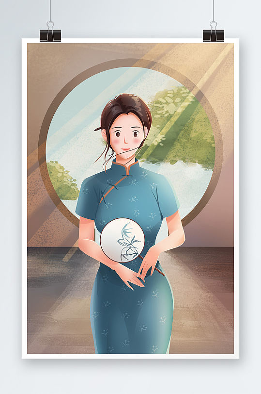 手拿团扇的旗袍女子人物插画-众图网