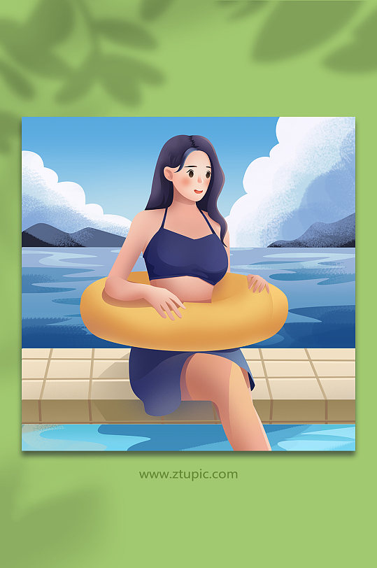夏天海边泳池泳圈游泳女性人物插画