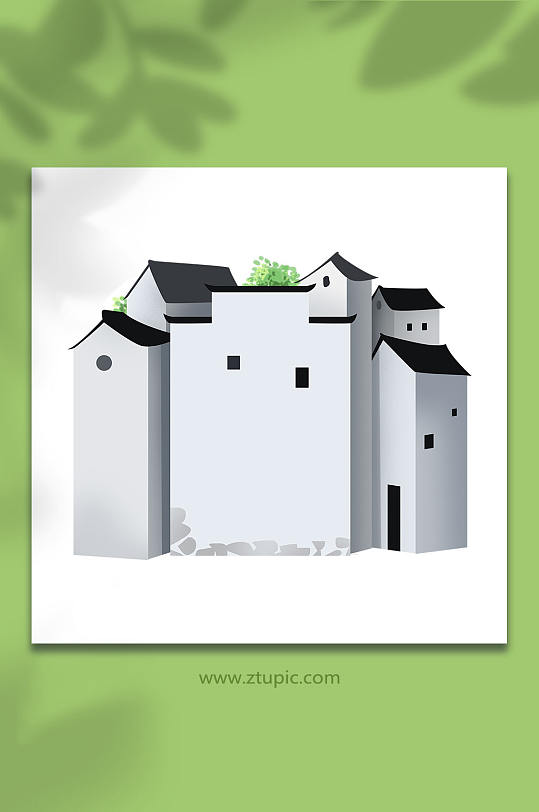 简约江南老街古建筑徽派建筑元素插画-众图网