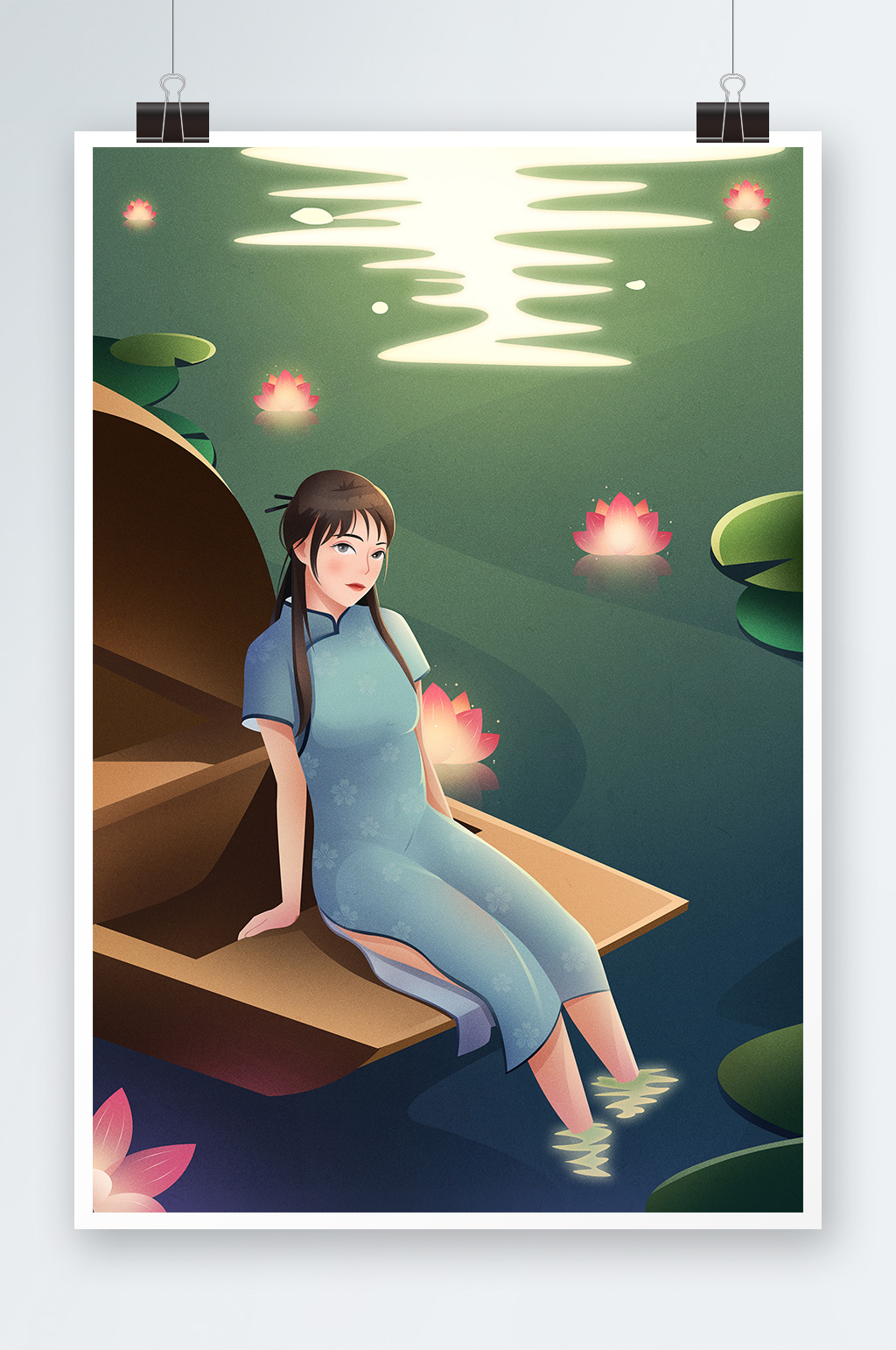 旗袍美女泛舟放花灯处暑节气人物插画素材