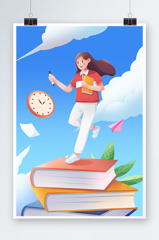 扁平风高考加油书本人物插画-众图网