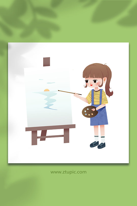 棕色卡通风小女孩美术书法绘画人物插画