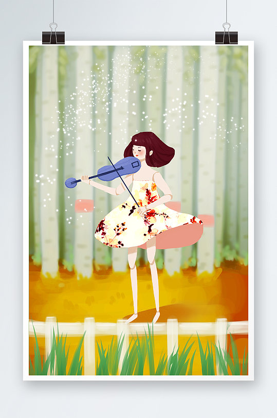 唯美风音乐节女孩拉小提琴唱歌弹奏声乐人物插画