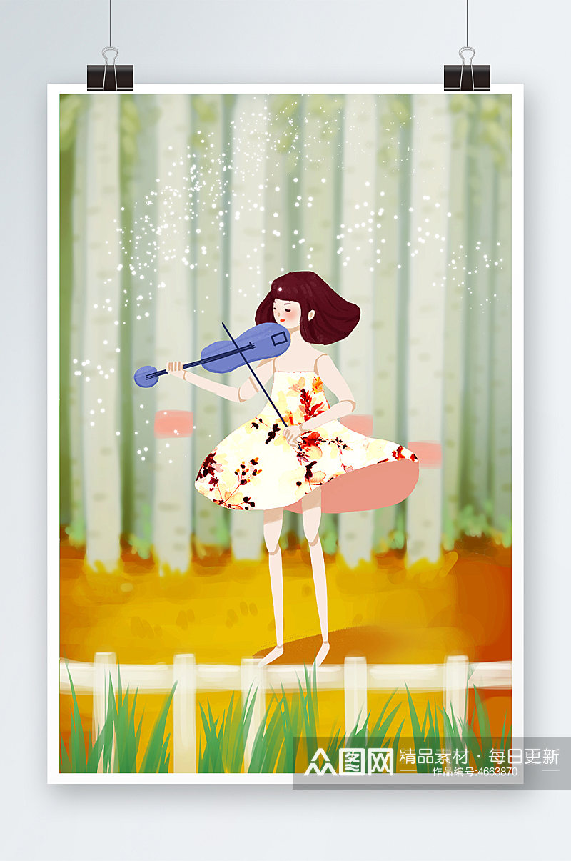 唯美风音乐节女孩拉小提琴唱歌弹奏声乐人物插画素材