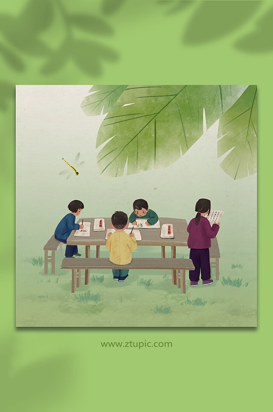 绿色唯美怀旧风书法人物儿童插画-众图网