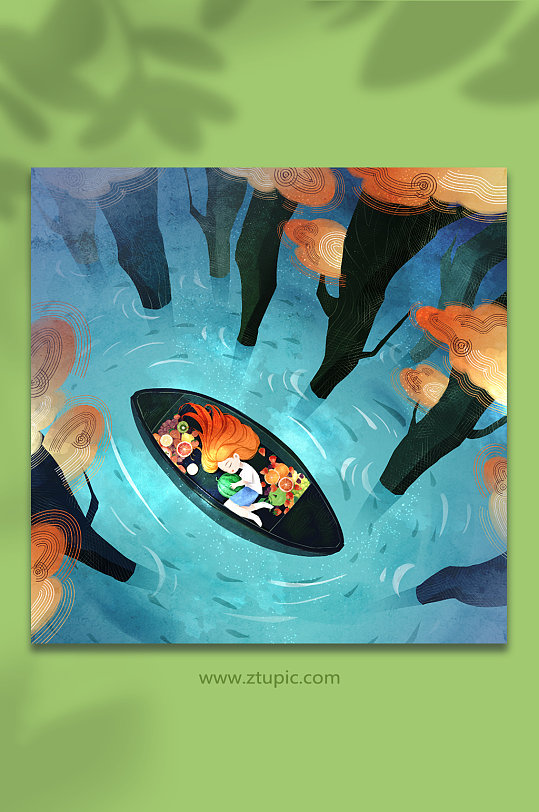 绿色水景木船水果和小女孩处暑节气人物插画