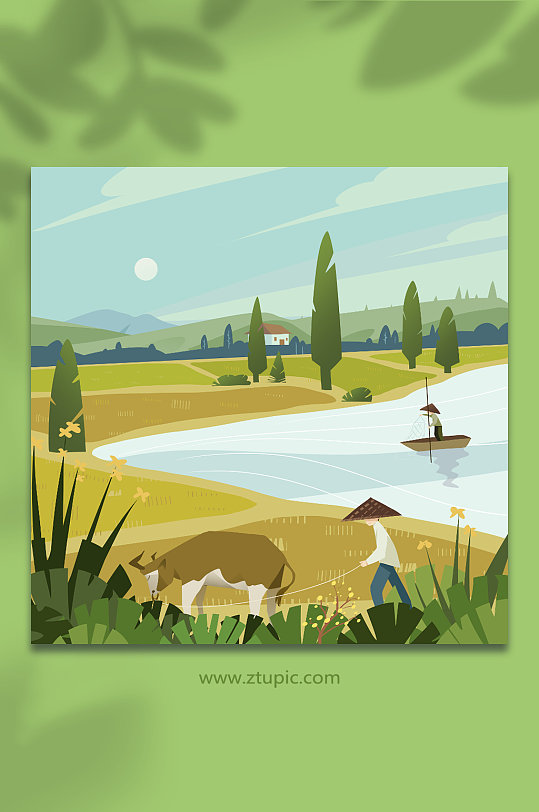 乡村村庄农村风景插画-众图网
