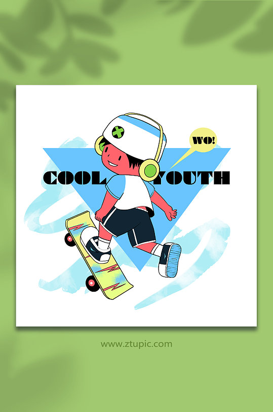 青年节描边滑板年轻人人物元素插画