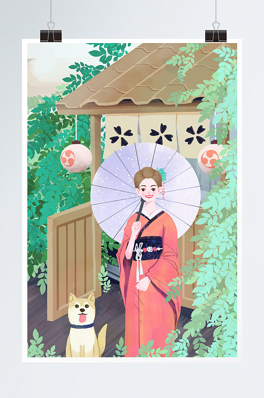 手绘唯美风日本风情和服人物插画-众图网