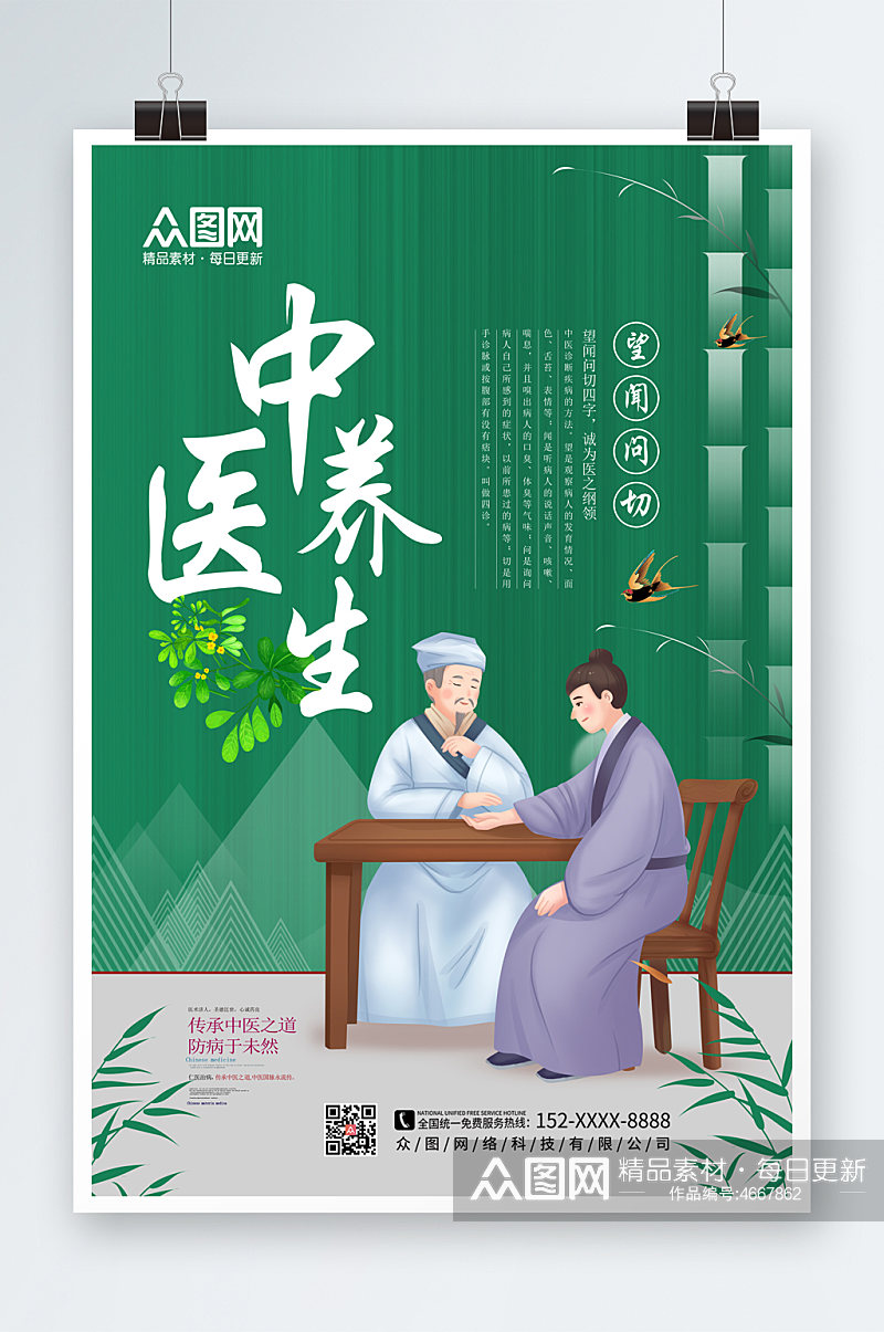 绿色中国风中医养生文化海报素材