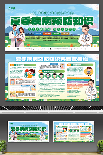 小清新夏季常见疾病预防健康教育宣传栏展板