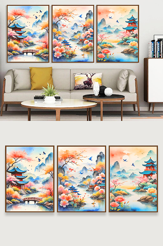大气三联系列分层中国风新中式装饰画-众图网