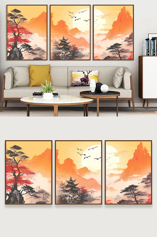 简洁三联系列分层中国风新中式装饰画