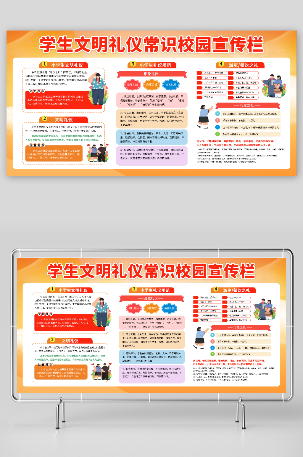 橙色風(fēng)小學(xué)生文明禮儀常識(shí)校園展板素材