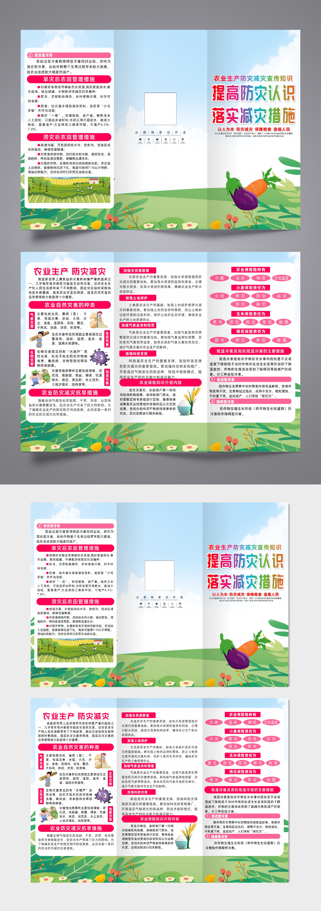 插画农业生产防灾减灾知识三折页素材