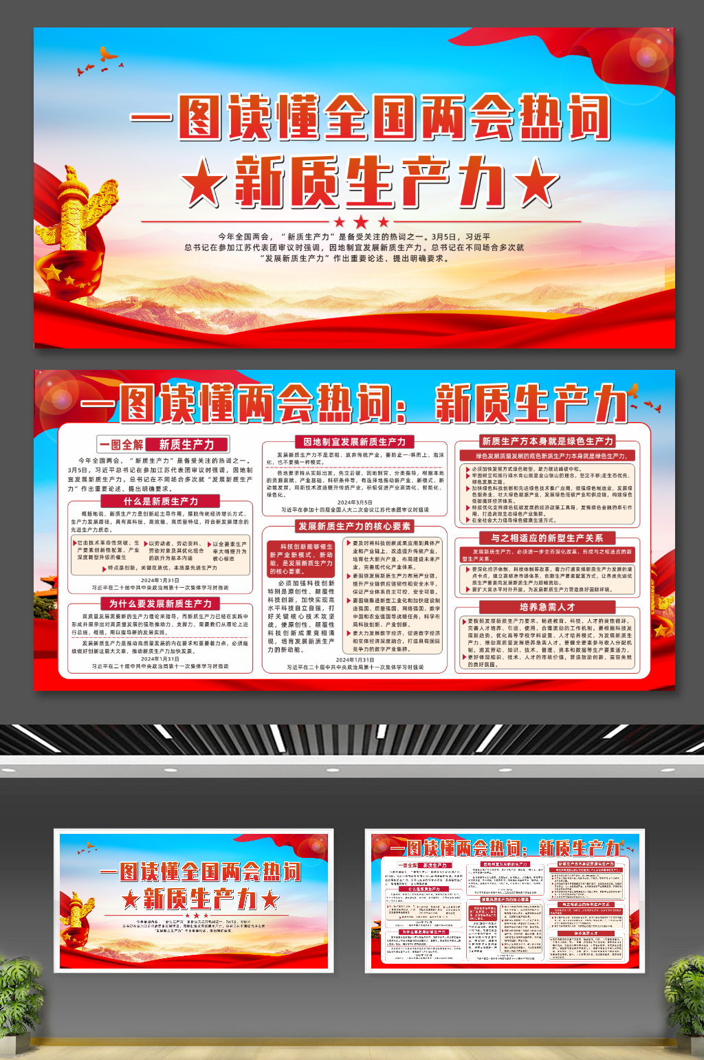 两会热词新质生产力宣传党建展板素材