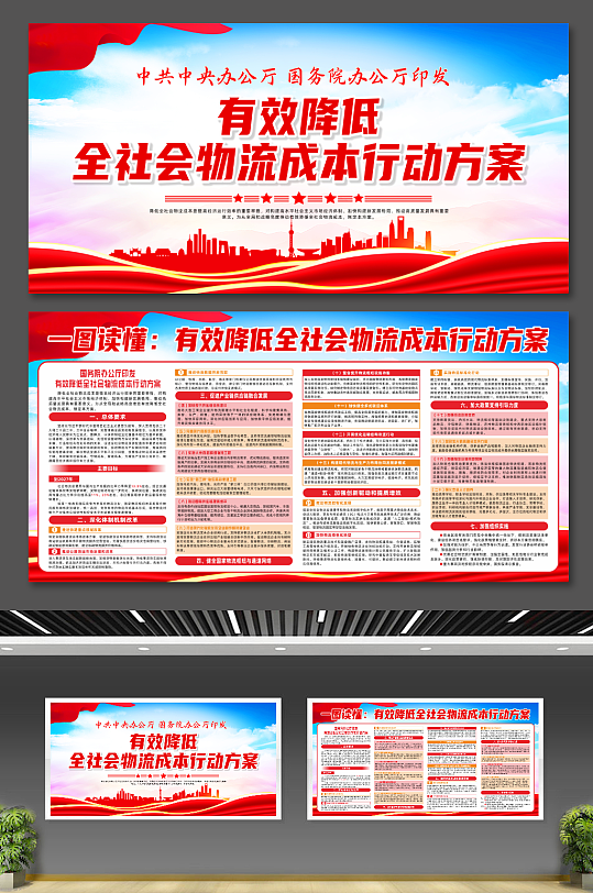 大气有效降低全社会物流成本行动方案展板