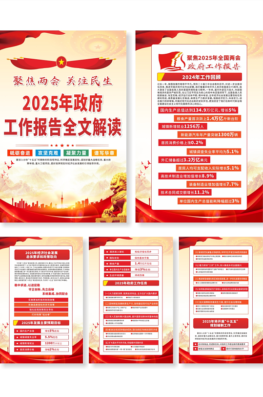 2025年聚焦两会政府工作报告全文海报-众图网