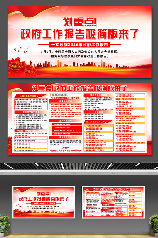 2026政府报告极简版宣传展板-众图网