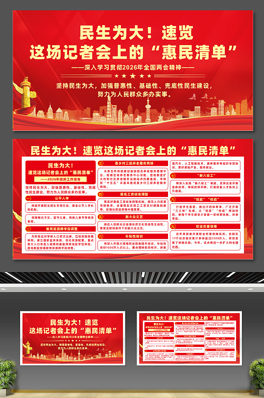 速览民生主题记者会上的惠民清单宣传展板-众图网