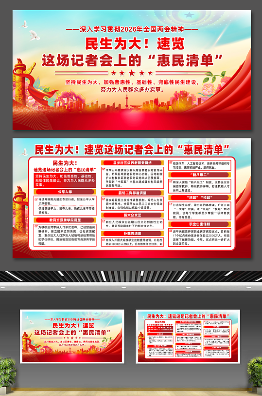 速览民生主题记者会上的惠民清单宣传展板-众图网