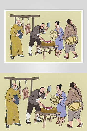 中国风美食卖肉摊位古代古风集市包子摊位人物插画