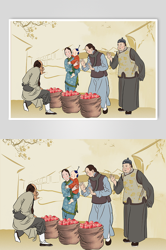 中国风美食卖水果场景古代古风集市摊位人物插画