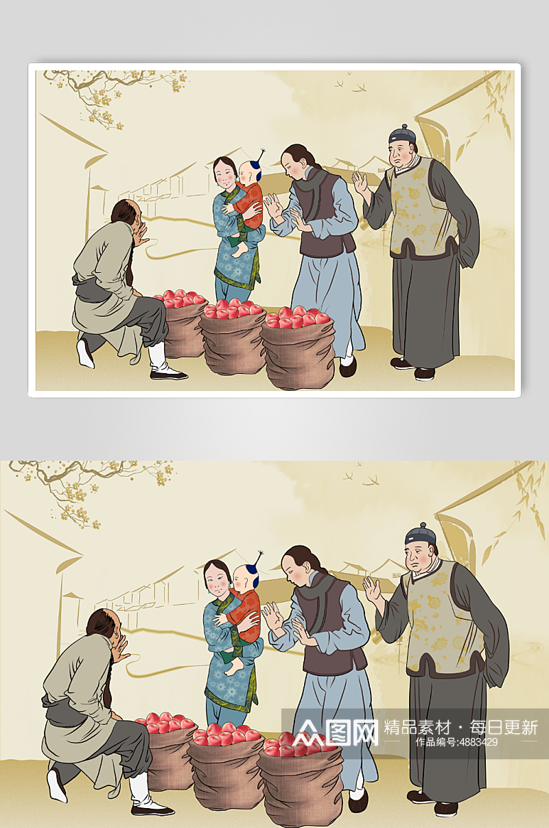 中国风美食卖水果场景古代古风集市摊位人物插画素材