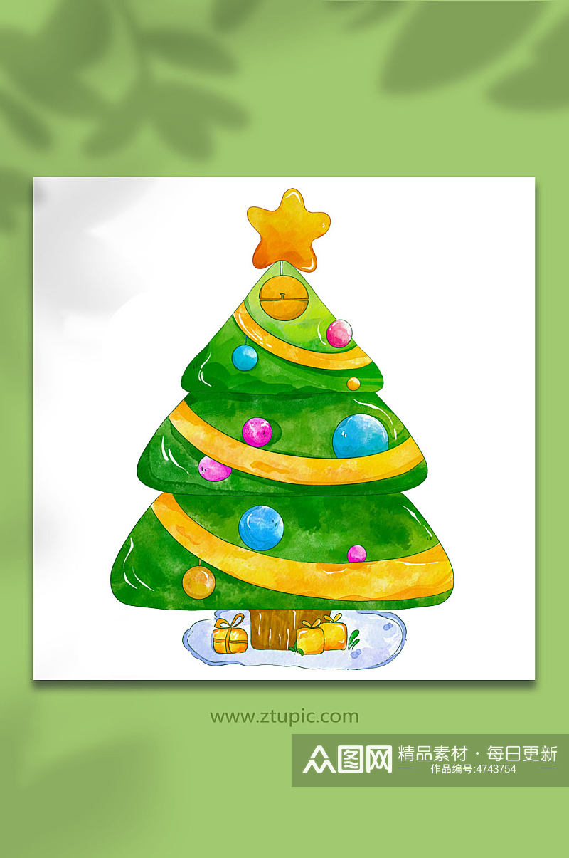 手绘绿色水彩圣诞树圣诞节元素插画素材