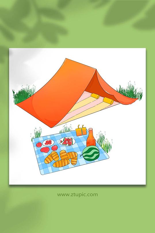 五一节出游露营橘色帐篷手绘元素插画
