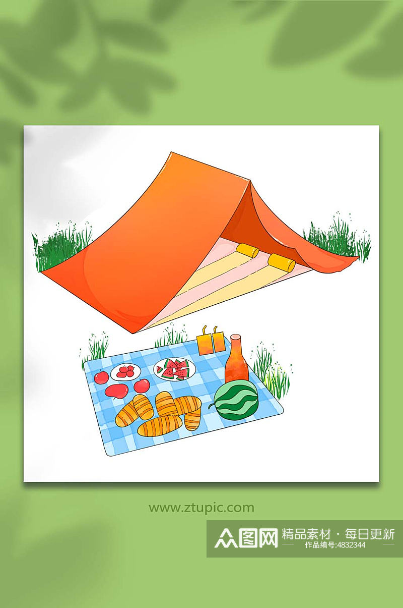 五一节出游露营橘色帐篷手绘元素插画素材