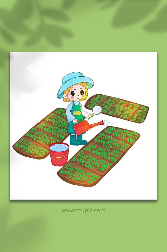 农民浇水种菜女孩插画免扣素材元素-众图网
